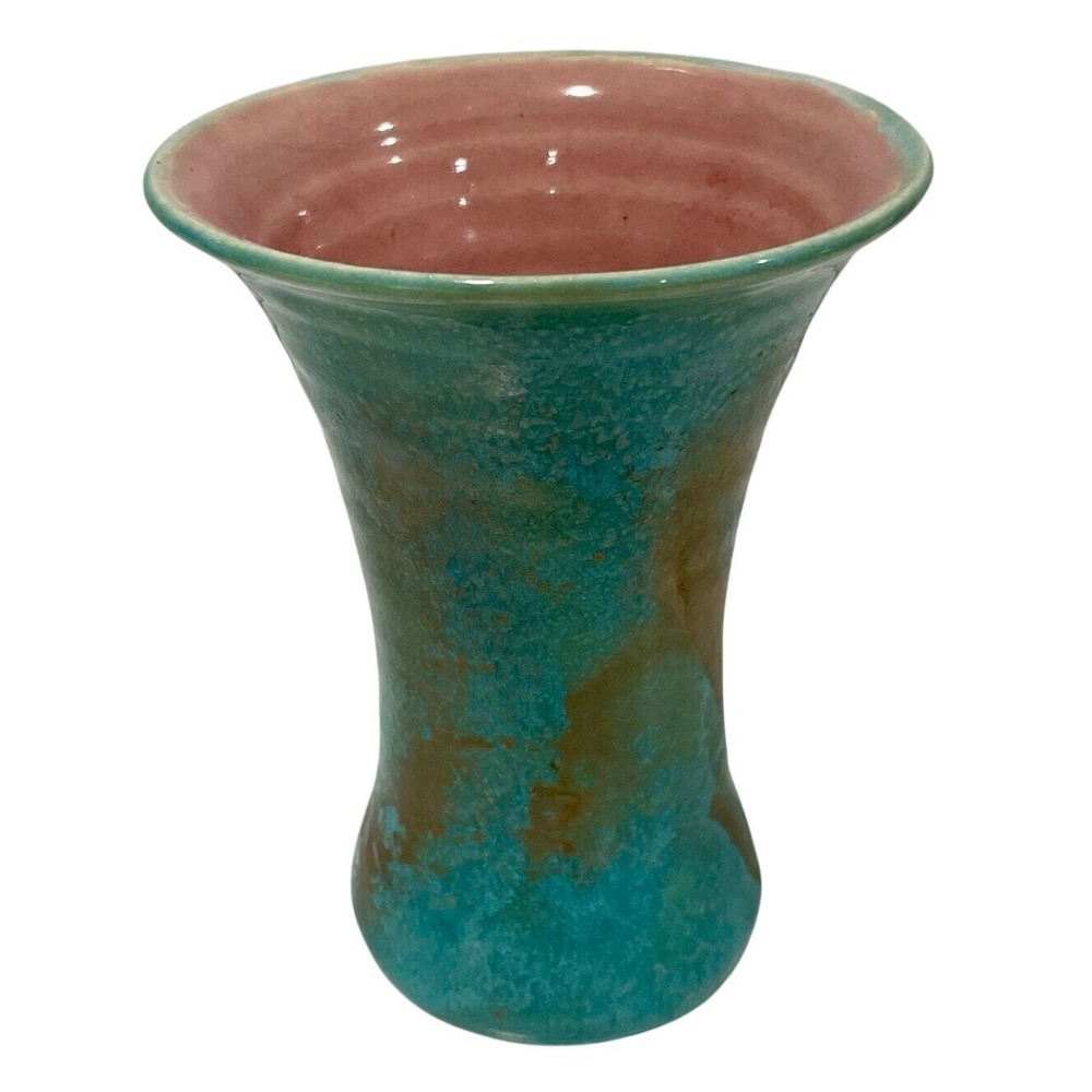 Vintage Pisgah Forest Pottery 1950's Trumpet 6.75" Turquoise Gold Pink Vase 69